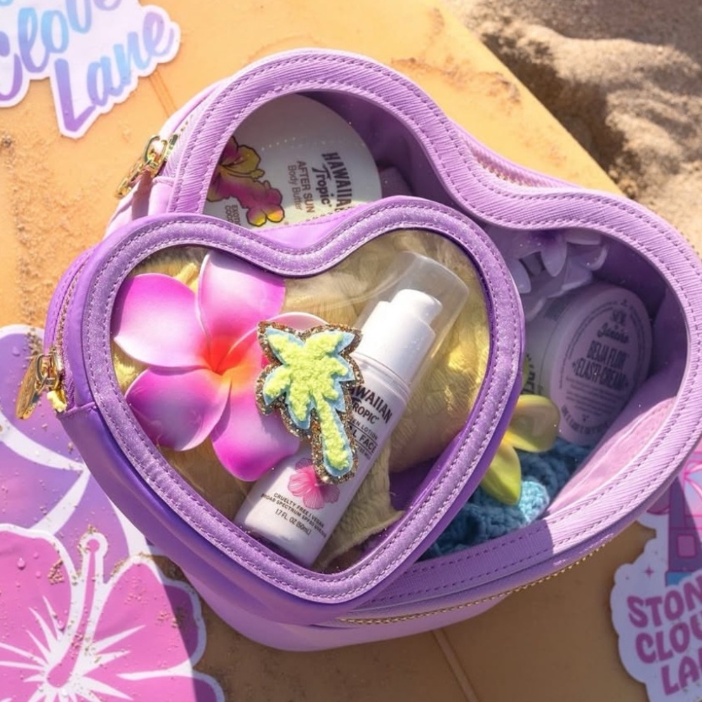 Stoney clover lane clear heart pouch nwt açaí purple with palm tree patch